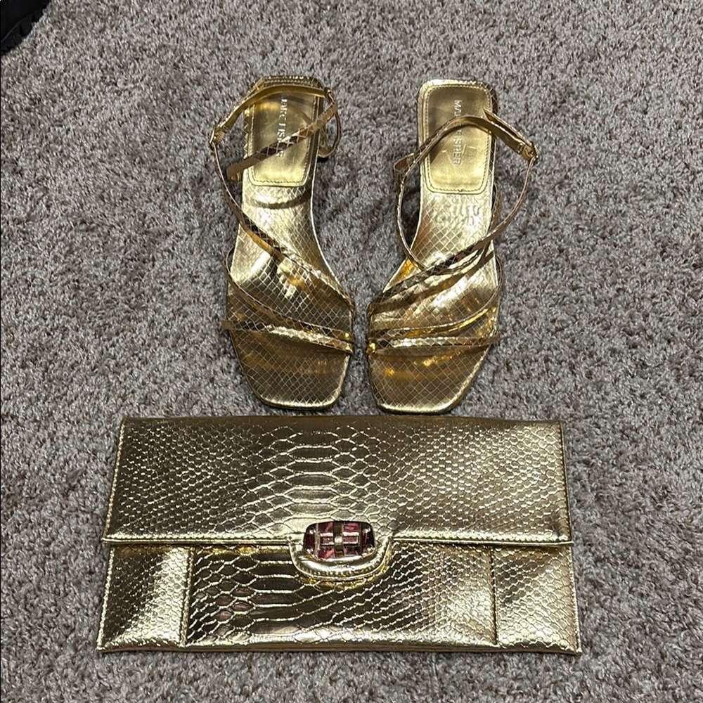 Marc Fisher Gold Snakeskin Heels and Clutch Set